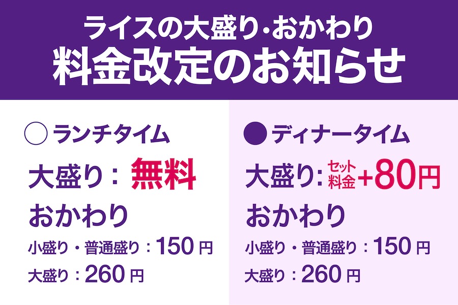 ライスの大盛り・おかわり　料金改定のお知らせ